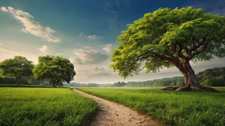 Landscape of green grass field and big tree with blue sky backgroundの写真素材