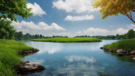 Landscape view of river and meadow with blue sky background.の写真素材