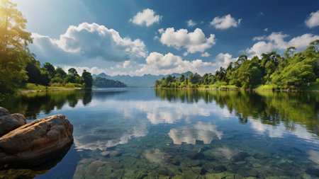 Lake and blue sky with clouds. Panorama of lake and sky with clouds.