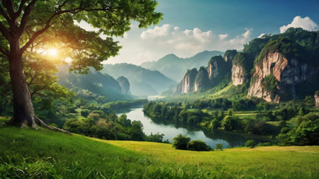 Panoramic view of karst mountains and river at sunriseの写真素材