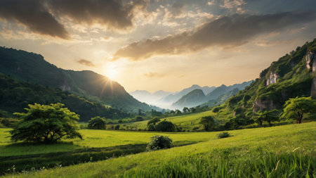 Sunset in the mountains with green meadow and trees in the foreground