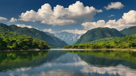 Panoramic view of the lake and the mountains reflected in the waterの写真素材