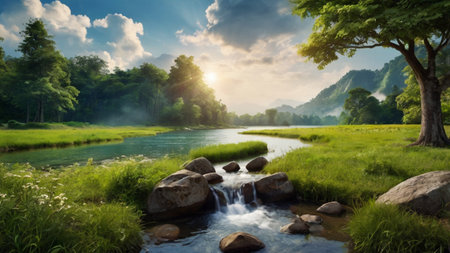 Beautiful landscape with river and green meadow in the morning.