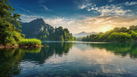 Panoramic view of beautiful lake and mountains at sunrise. Nature composition.