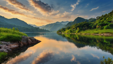 Mountain and lake landscape at sunset. Beautiful nature background with copy space.の写真素材