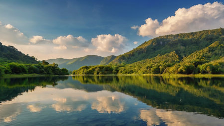 Beautiful summer landscape with mountain lake and blue sky reflected in water