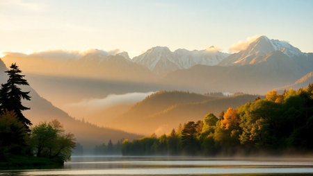 Autumn landscape with lake and mountains in the morning mistの写真素材