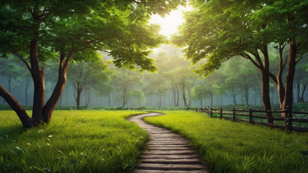 Wooden path in the green forest at sunrise,3d render