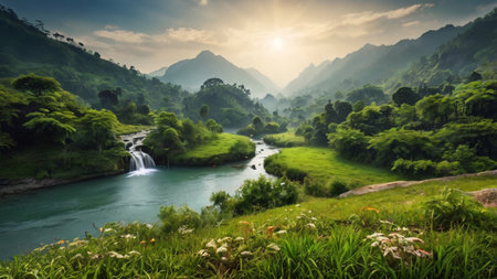 Beautiful landscape of a mountain river in the jungle at sunset.の写真素材