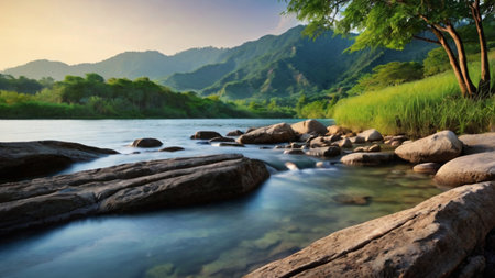 Landscape of river and mountain at sunset time, Nature background.
