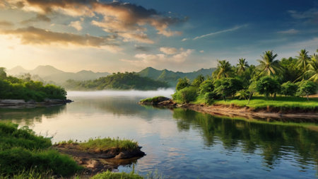 Panoramic view of the river and forest at sunset. Sri Lanka