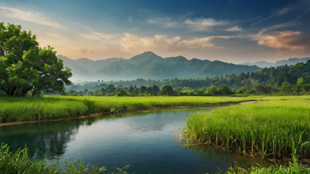 Panoramic view of paddy field and river at sunrise.の写真素材