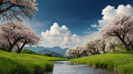 Cherry blossoms and river in spring, panoramic viewの写真素材
