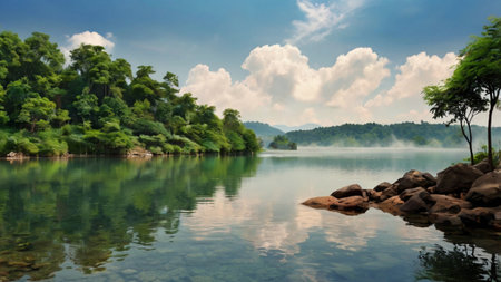 Beautiful landscape of river and forest in the morning, Panorama
