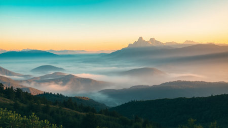 Foggy sunrise in the mountains. Sunrise in the mountains.