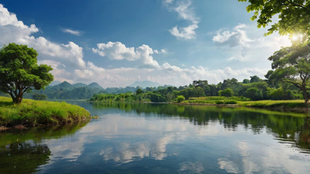 Panoramic view of a lake in the park with blue sky