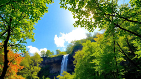 Waterfall in the forest in the spring. Natural landscape background.の写真素材