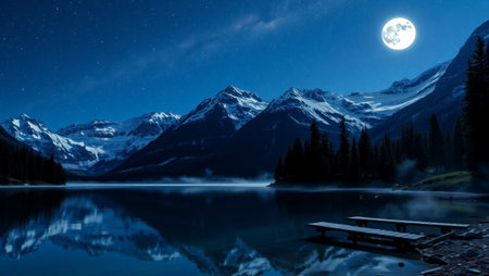 Moonrise over Lake Louise in Banff National Park, Alberta, Canadaの写真素材