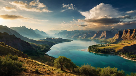 Panoramic view of the lake in the mountains at sunset.の写真素材
