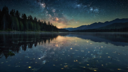 Mountain lake at night with starry sky and reflection in water