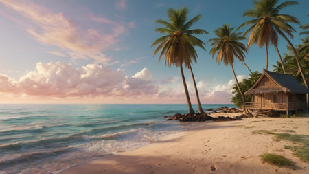 Tropical beach with coconut palm trees at sunset. Panorama