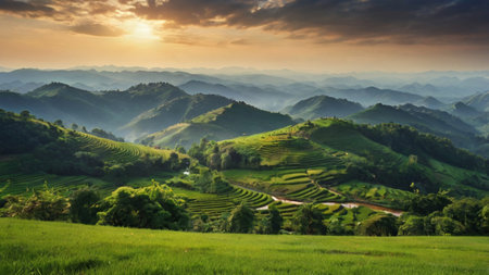 Rice terraces at sunset in Mu Cang Chai, YenBai, Vietnamの写真素材