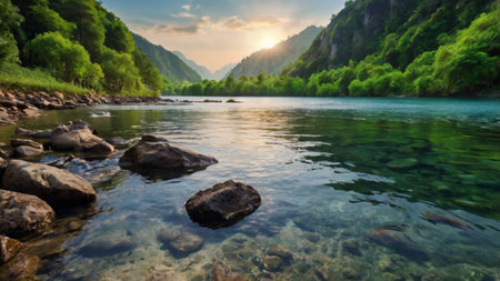 Panoramic view of the mountain river in the summer. Mountain river landscape