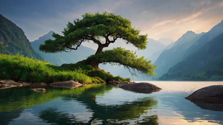 Tree on the shore of a mountain lake at sunset.