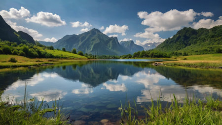 Beautiful alpine lake in the mountains. Summer landscape with lake.