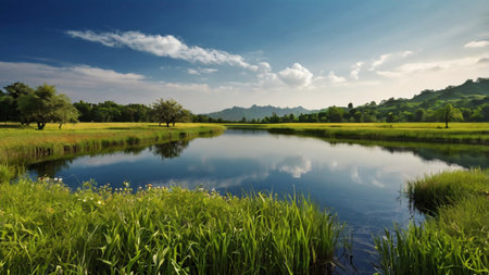 Beautiful landscape view of rice field and lake in the morning.の写真素材