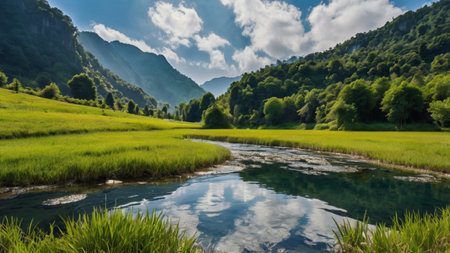 Landscape of green meadow and mountain river with reflection in waterの写真素材