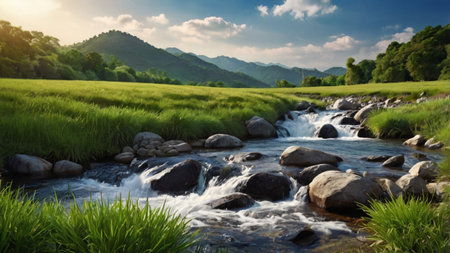 Rice field and mountain river in the countryside of Chiang Mai, Thailand