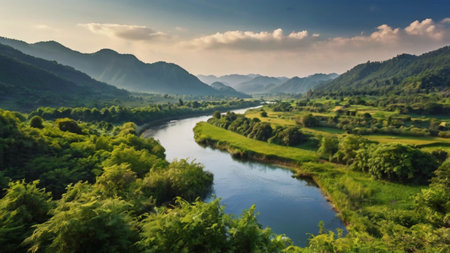 Beautiful landscape with river and mountainsの写真素材