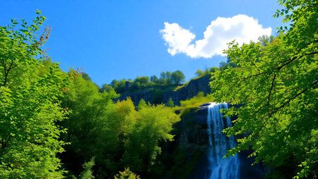 Waterfall in the forest on a background of blue sky with clouds