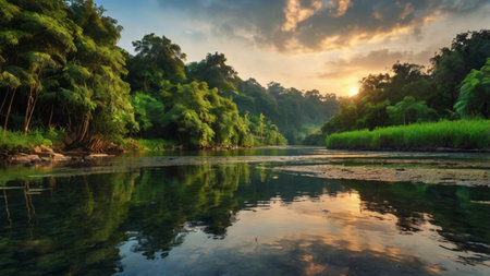 Panoramic view of the river in the jungle at sunset.の写真素材
