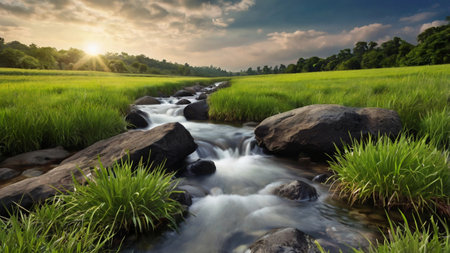 Beautiful landscape of rice field and waterfall in the morning, Thailand