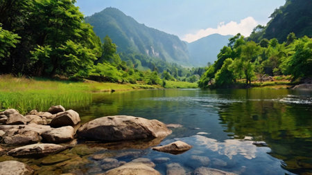 Landscape of mountain river and forest in summer. Natural background.