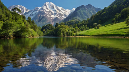 Mountain lake with reflection of snow-capped mountains in the water