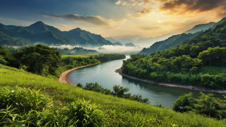 Beautiful landscape with river and mountains at sunsetの写真素材