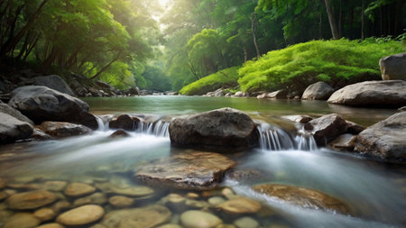 Beautiful waterfall in the forest. Nature landscape with river and rocks.の写真素材