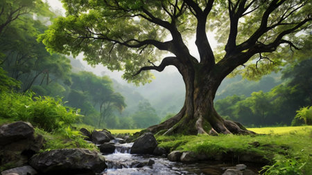 Big tree in the forest with small stream in the background. Nature concept