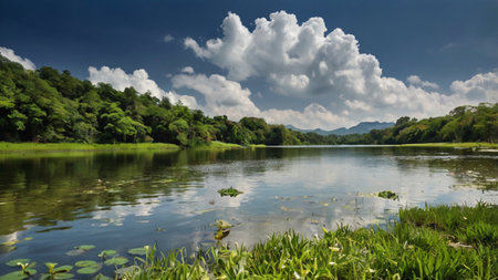 Landscape view of Mae Tam reservoir, Chiang Mai, Thailandの写真素材