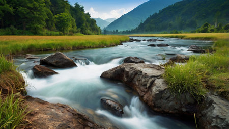 Mountain river in the middle of the forest and green grass.