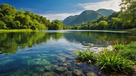 Landscape of mountain lake with blue sky and green forest in summer