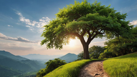 Beautiful green tree on the hill at sunset. Nature background.