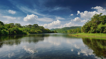 Landscape of lake and forest with blue sky and white clouds.の写真素材