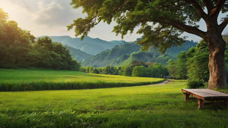 Wooden bench in the green meadow with mountains in the backgroundの写真素材