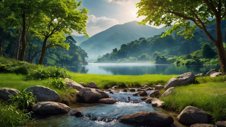 Beautiful landscape of mountain river and green forest with sunlight in morning