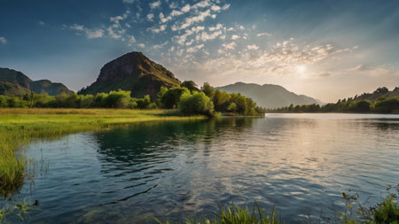 Panoramic view of a mountain lake in the morning light.