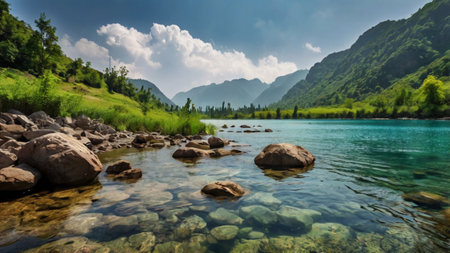 Panorama of a beautiful mountain lake with clear water and mountains in the background